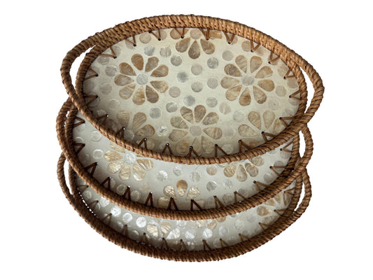 Oval Rattan Tray with Handles and Mother of Pearl Inlay Base, Handmade Woven Serving Tray, Boho Home Decor, Handmade Vietnam 153