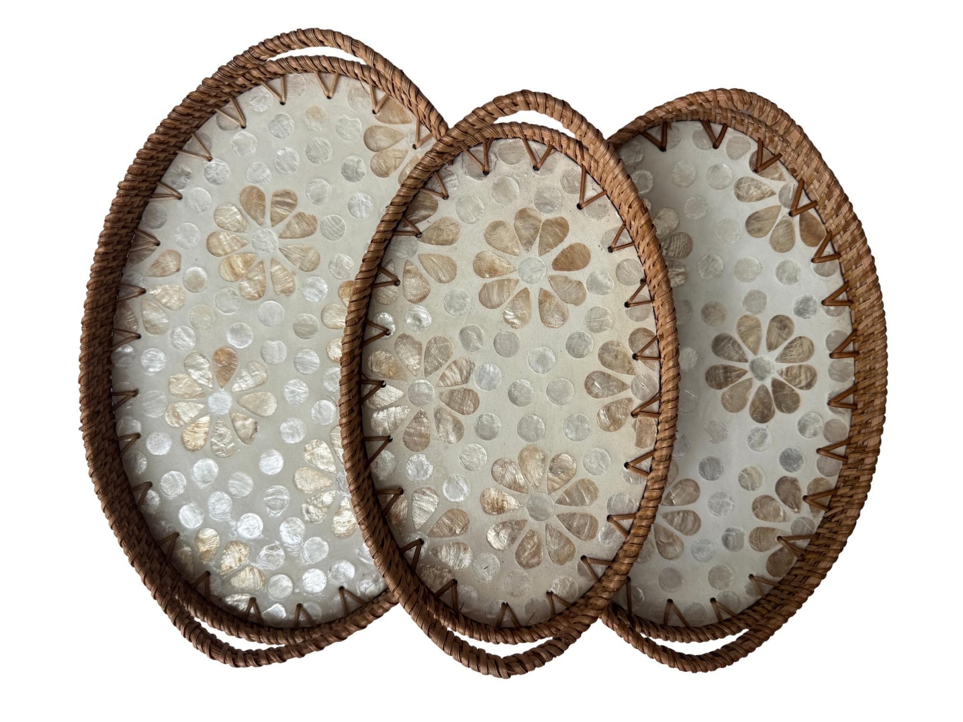 Oval Rattan Tray with Handles and Mother of Pearl Inlay Base, Handmade Woven Serving Tray, Boho Home Decor, Handmade Vietnam 153