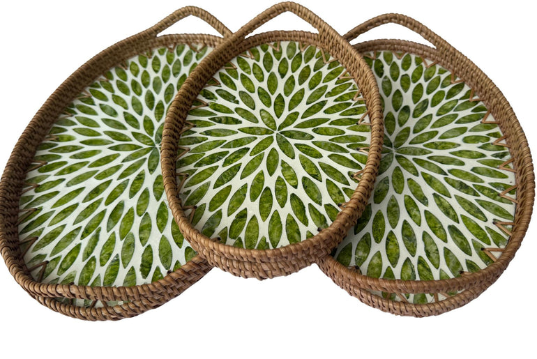 Oval Rattan Tray with Handles and Mother of Pearl Inlay Base, Handmade Woven Serving Tray, Boho Home Decor, Handmade Vietnam 115