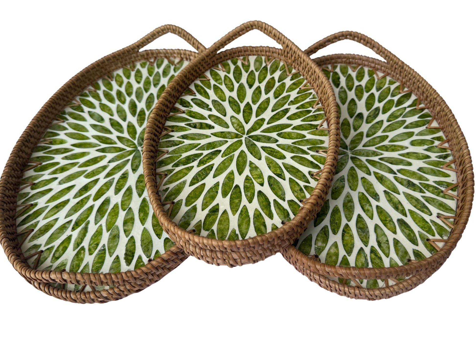 Oval Rattan Tray with Handles and Mother of Pearl Inlay Base, Handmade Woven Serving Tray, Boho Home Decor, Handmade Vietnam 115