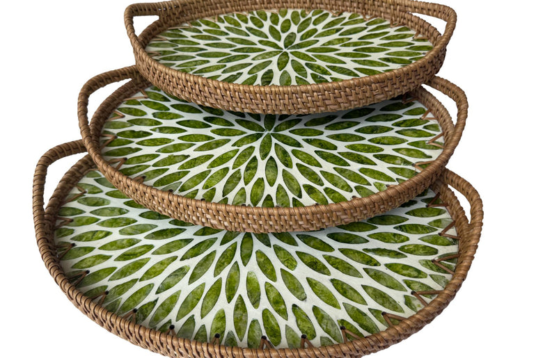 Oval Rattan Tray with Handles and Mother of Pearl Inlay Base, Handmade Woven Serving Tray, Boho Home Decor, Handmade Vietnam 115