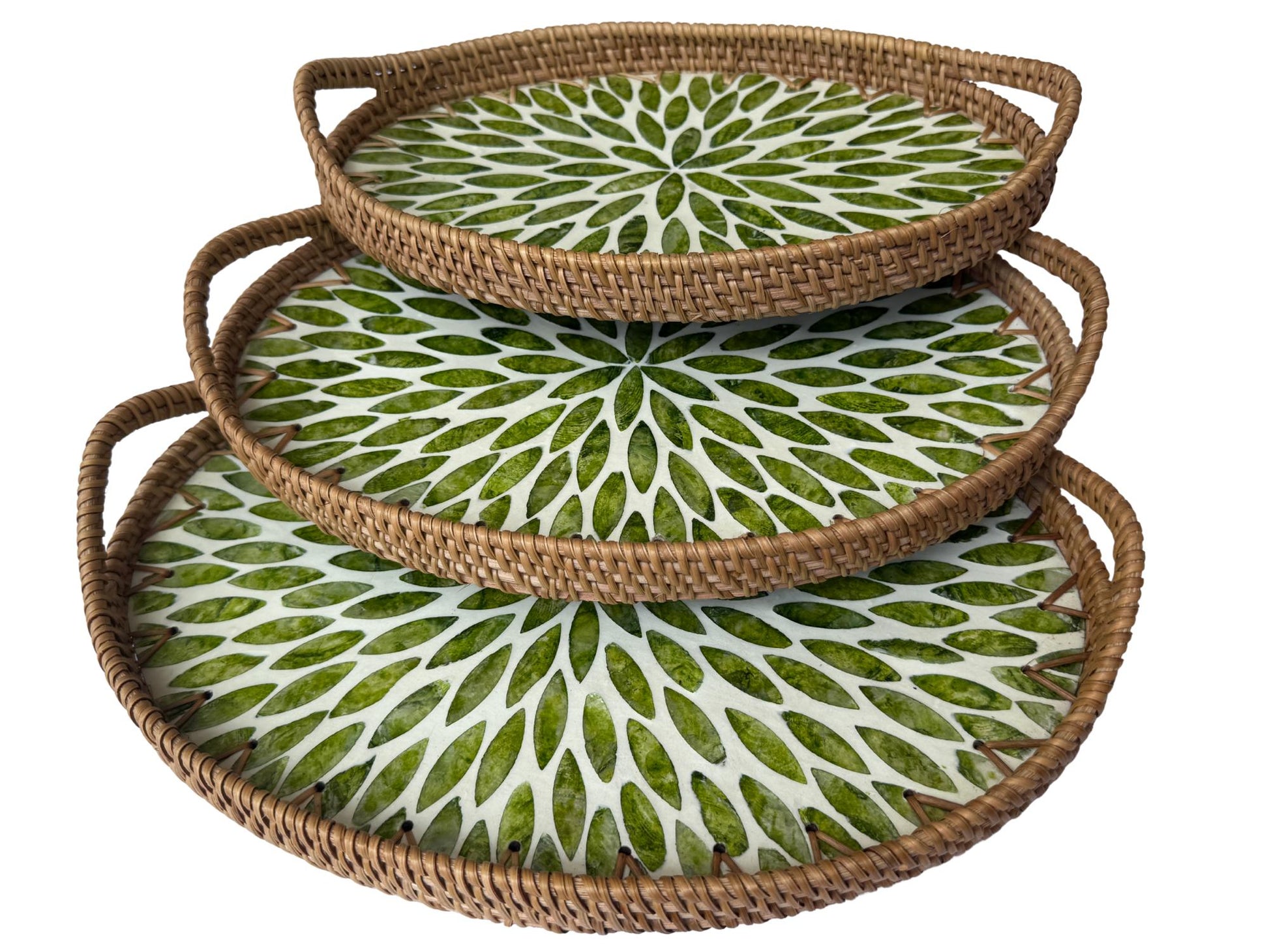Oval Rattan Tray with Handles and Mother of Pearl Inlay Base, Handmade Woven Serving Tray, Boho Home Decor, Handmade Vietnam 115