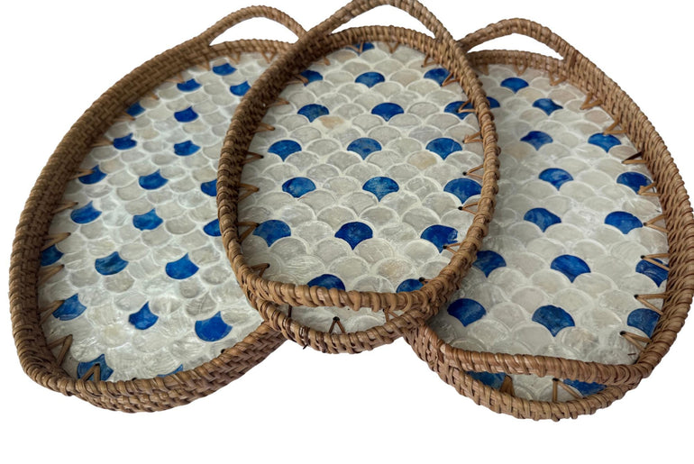 Oval Rattan Tray with Handles and Mother of Pearl Inlay Base, Handmade Woven Serving Tray, Boho Home Decor, Handmade Vietnam 133