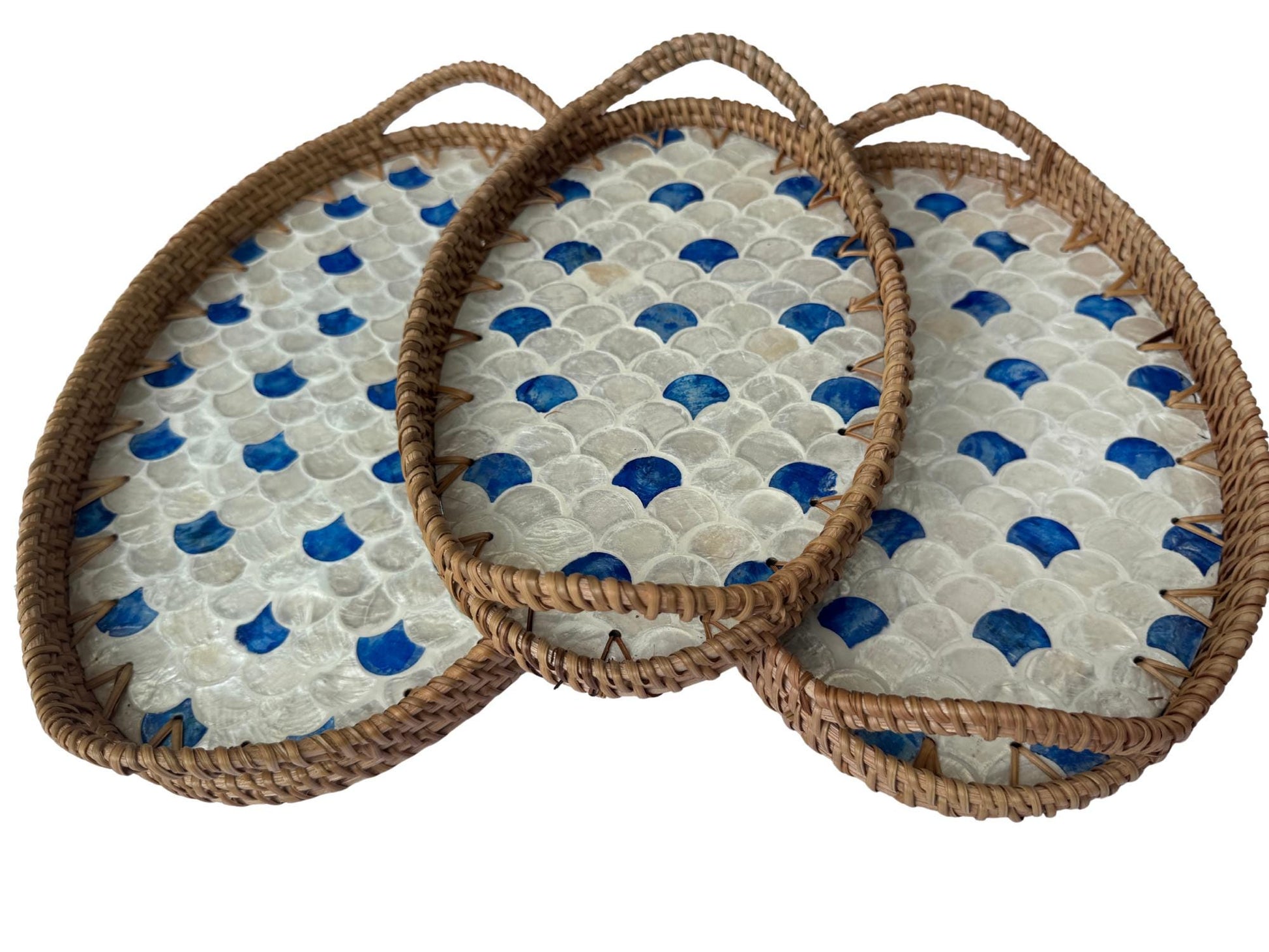 Oval Rattan Tray with Handles and Mother of Pearl Inlay Base, Handmade Woven Serving Tray, Boho Home Decor, Handmade Vietnam 133