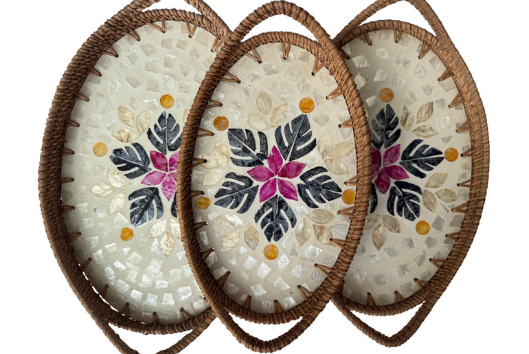 Oval Rattan Tray with Handles and Mother of Pearl Inlay Base, Handmade Woven Serving Tray, Boho Home Decor, Handmade Vietnam 134