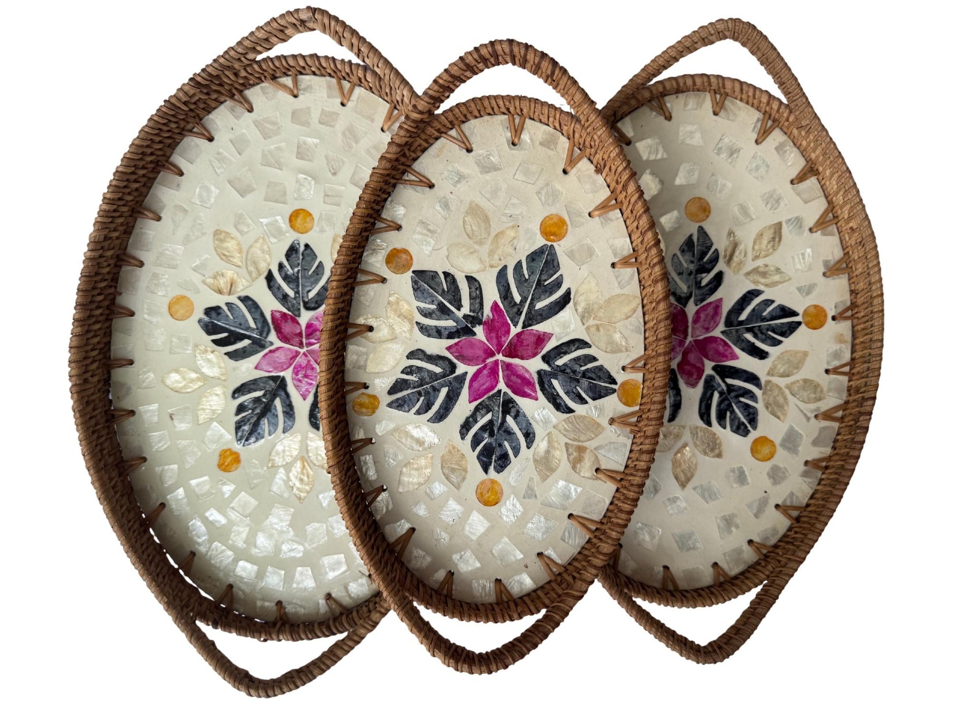 Oval Rattan Tray with Handles and Mother of Pearl Inlay Base, Handmade Woven Serving Tray, Boho Home Decor, Handmade Vietnam 134
