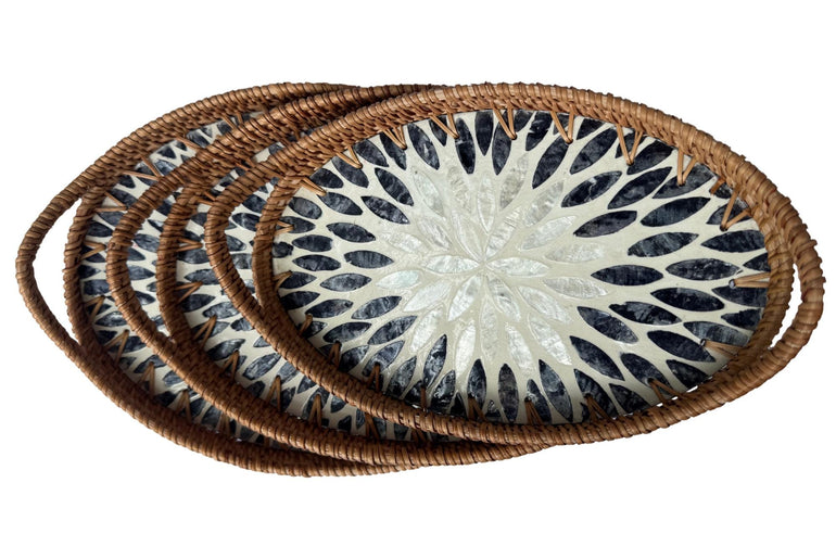 Oval Rattan Tray with Handles and Mother of Pearl Inlay Base, Handmade Woven Serving Tray, Boho Home Decor, Handmade Vietnam 111