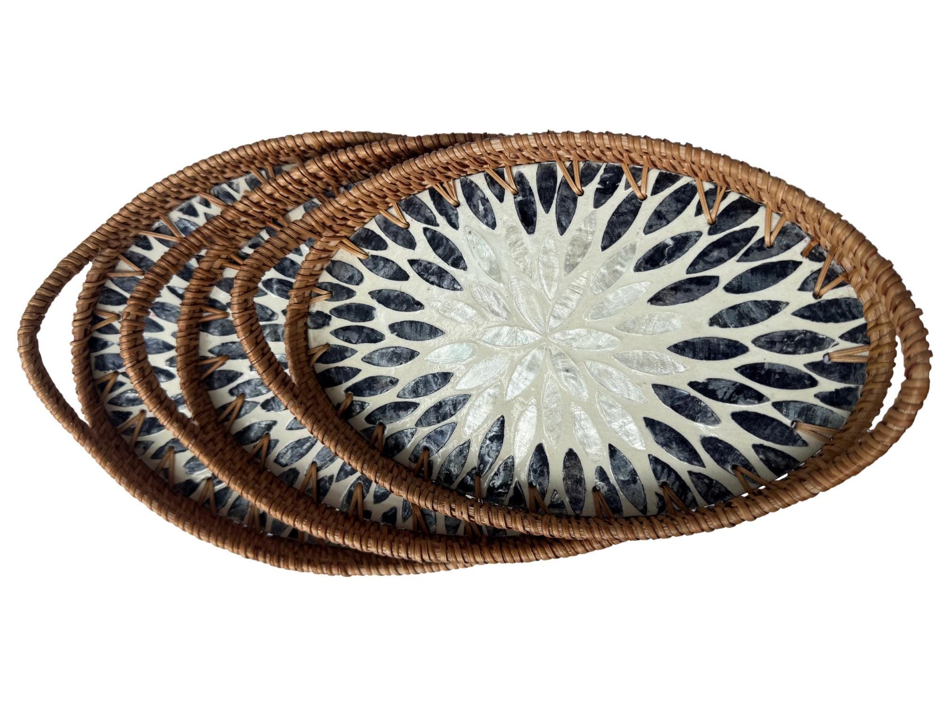Oval Rattan Tray with Handles and Mother of Pearl Inlay Base, Handmade Woven Serving Tray, Boho Home Decor, Handmade Vietnam 111