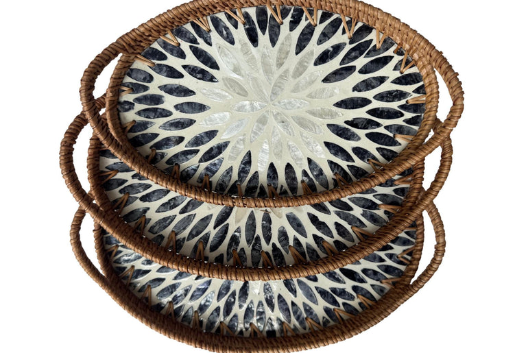 Oval Rattan Tray with Handles and Mother of Pearl Inlay Base, Handmade Woven Serving Tray, Boho Home Decor, Handmade Vietnam 111