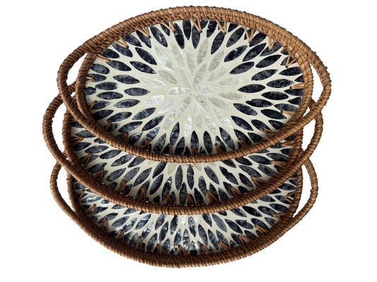 Oval Rattan Tray with Handles and Mother of Pearl Inlay Base, Handmade Woven Serving Tray, Boho Home Decor, Handmade Vietnam 111