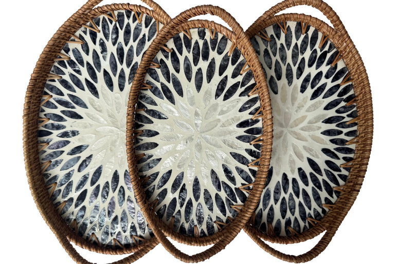 Oval Rattan Tray with Handles and Mother of Pearl Inlay Base, Handmade Woven Serving Tray, Boho Home Decor, Handmade Vietnam 111