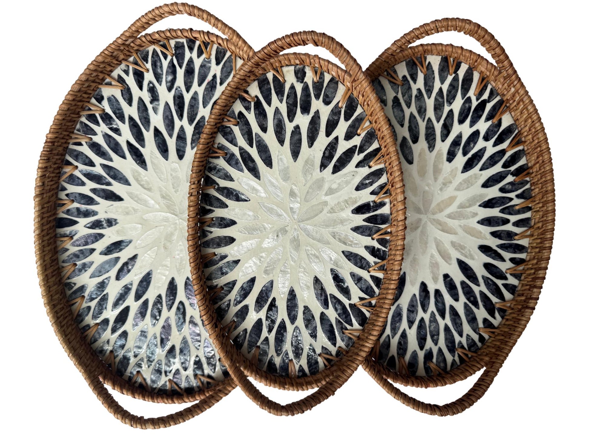 Oval Rattan Tray with Handles and Mother of Pearl Inlay Base, Handmade Woven Serving Tray, Boho Home Decor, Handmade Vietnam 111