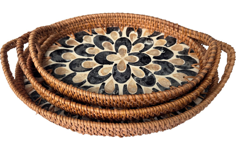 Oval Rattan Tray with Handles and Mother of Pearl Inlay Base, Handmade Woven Serving Tray, Boho Home Decor, Handmade Vietnam 110