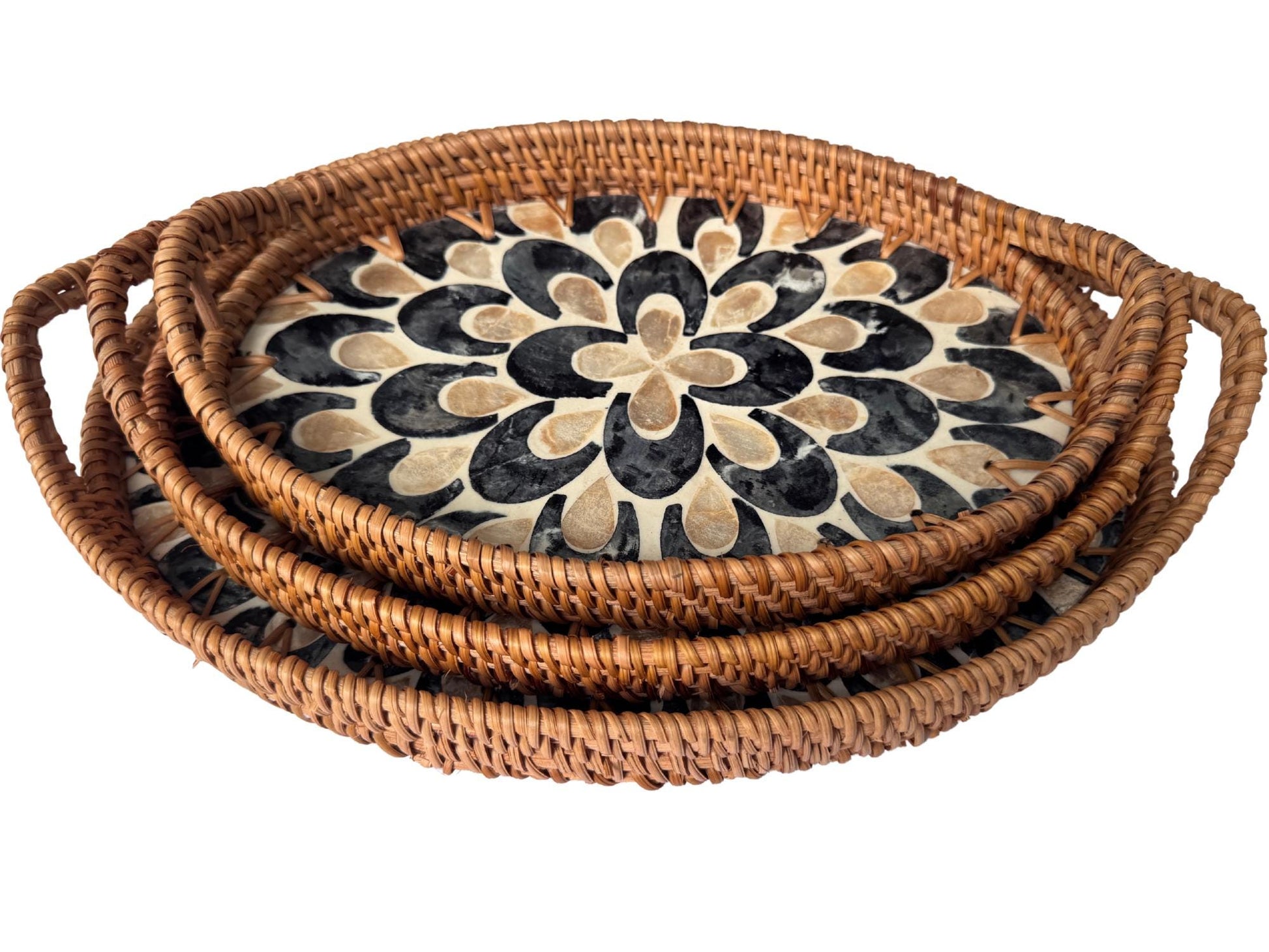 Oval Rattan Tray with Handles and Mother of Pearl Inlay Base, Handmade Woven Serving Tray, Boho Home Decor, Handmade Vietnam 110