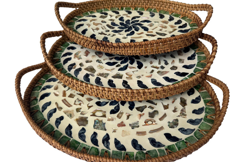 Oval Rattan Tray with Handles and Mother of Pearl Inlay Base, Handmade Woven Serving Tray, Boho Home Decor, Handmade Vietnam 130
