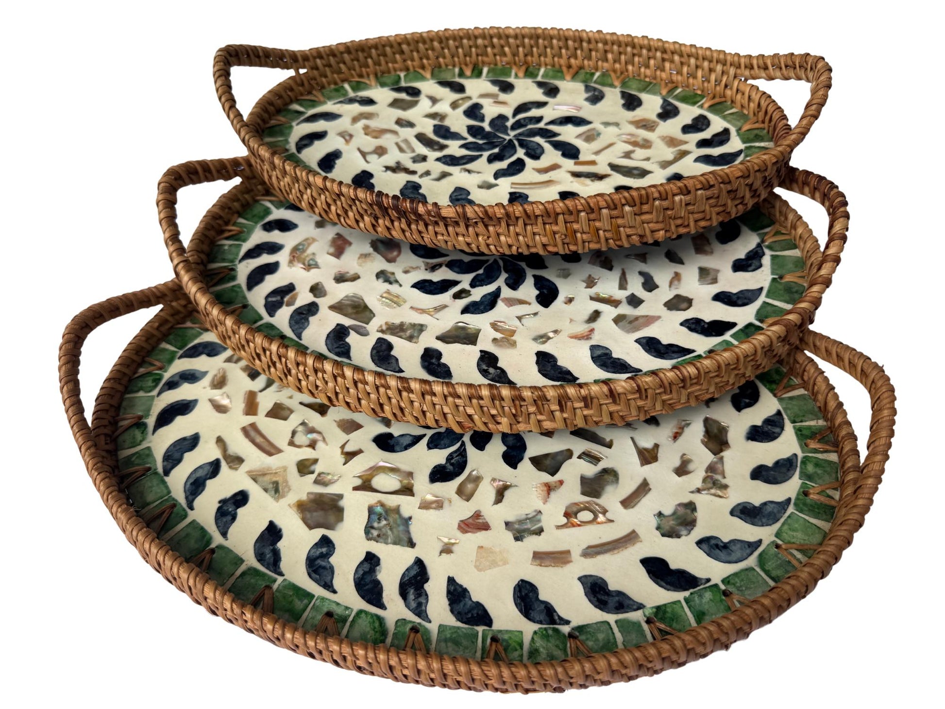 Oval Rattan Tray with Handles and Mother of Pearl Inlay Base, Handmade Woven Serving Tray, Boho Home Decor, Handmade Vietnam 130