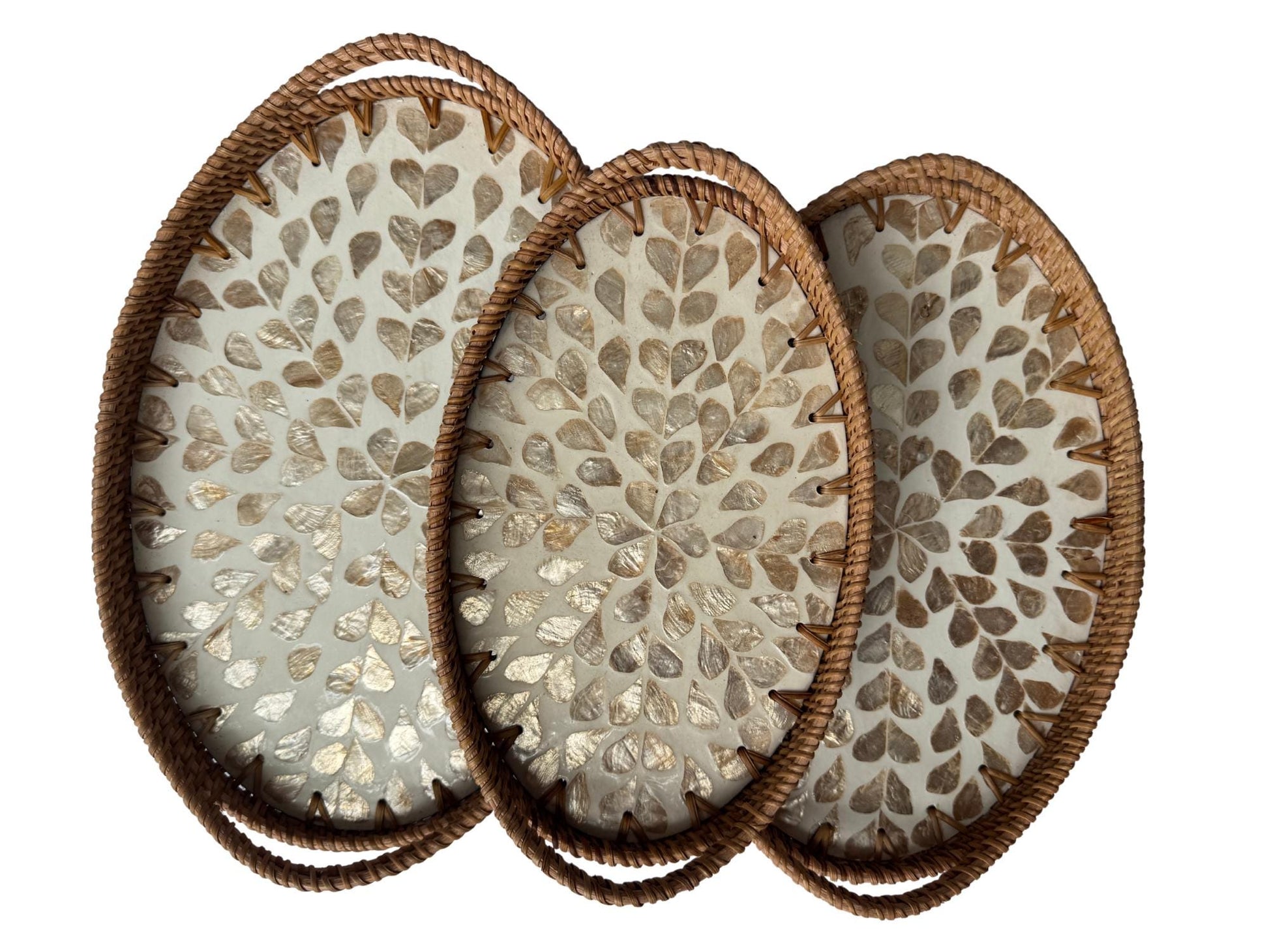 Oval Rattan Tray with Handles and Mother of Pearl Inlay Base, Handmade Woven Serving Tray, Boho Home Decor, Handmade Vietnam 128