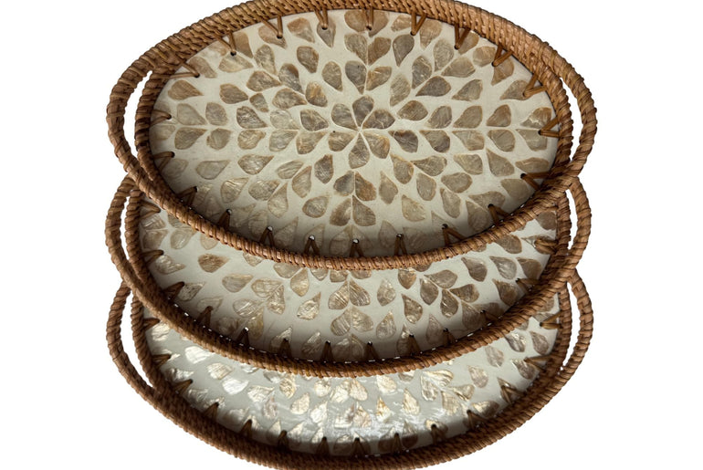 Oval Rattan Tray with Handles and Mother of Pearl Inlay Base, Handmade Woven Serving Tray, Boho Home Decor, Handmade Vietnam 128