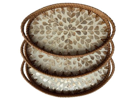 Oval Rattan Tray with Handles and Mother of Pearl Inlay Base, Handmade Woven Serving Tray, Boho Home Decor, Handmade Vietnam 128