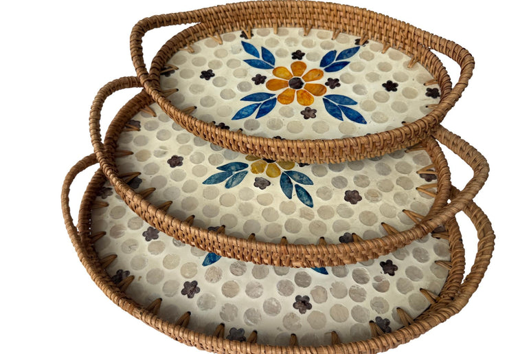 Oval Rattan Tray with Handles and Mother of Pearl Inlay Base, Handmade Woven Serving Tray, Boho Home Decor, Handmade Vietnam 109