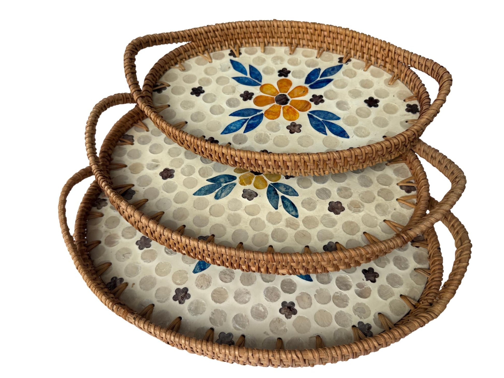 Oval Rattan Tray with Handles and Mother of Pearl Inlay Base, Handmade Woven Serving Tray, Boho Home Decor, Handmade Vietnam 109