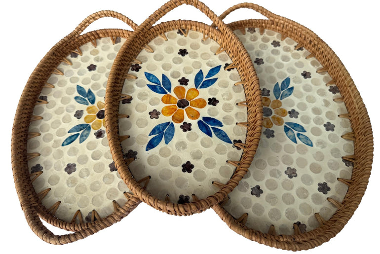Oval Rattan Tray with Handles and Mother of Pearl Inlay Base, Handmade Woven Serving Tray, Boho Home Decor, Handmade Vietnam 109