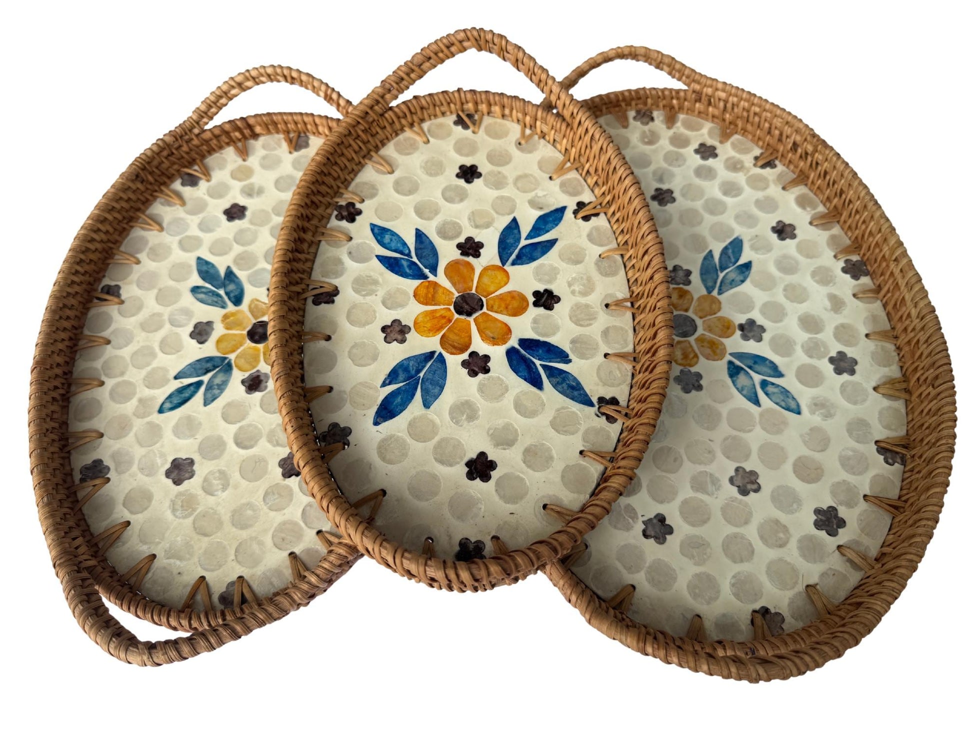 Oval Rattan Tray with Handles and Mother of Pearl Inlay Base, Handmade Woven Serving Tray, Boho Home Decor, Handmade Vietnam 109