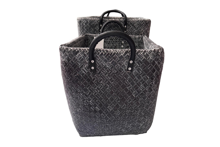 Handwoven Bamboo Storage Basket with Leather Handles, Large Natural Woven Basket for Home Storage, Laundry or Decor Basket