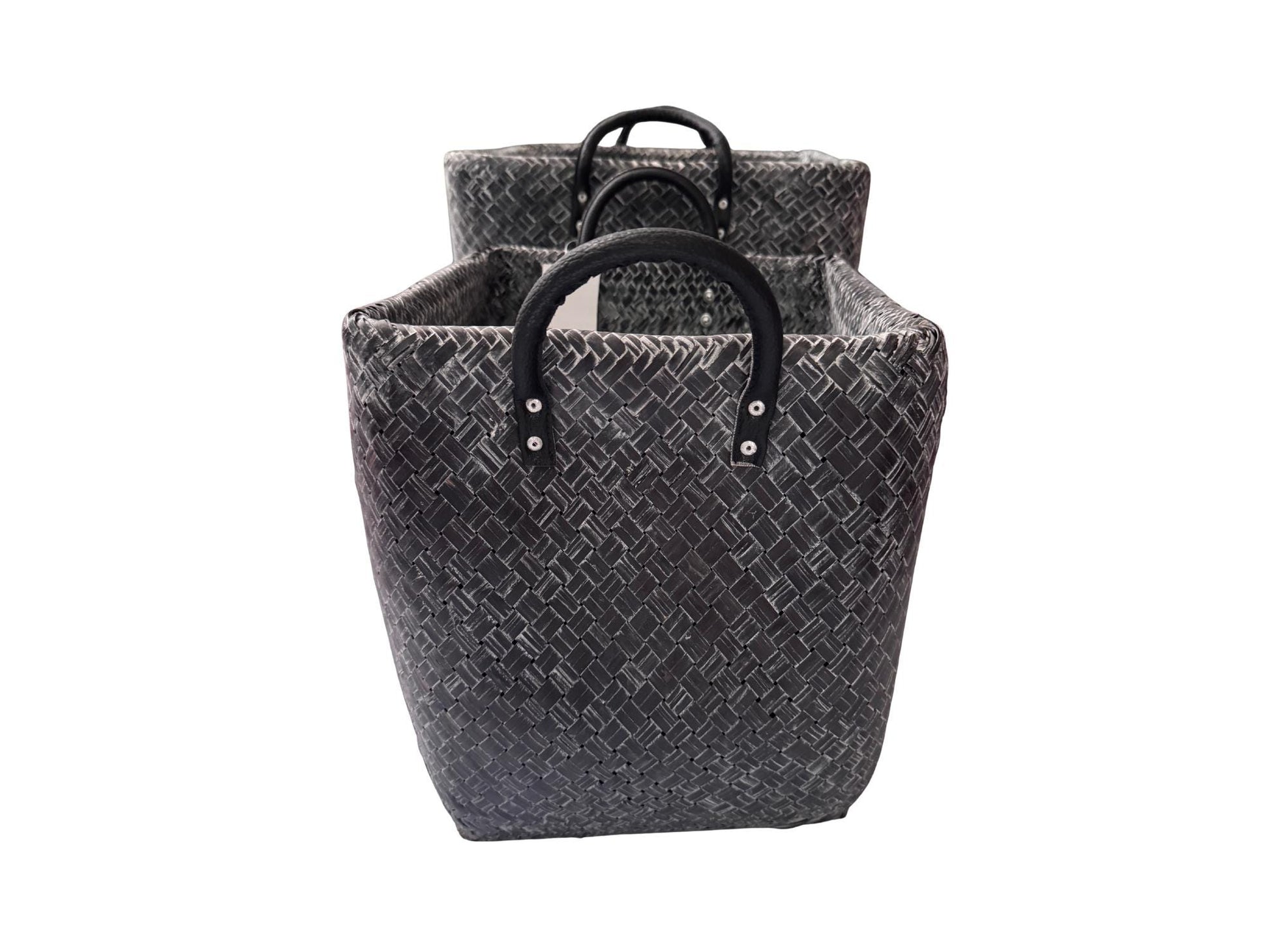 Handwoven Bamboo Storage Basket with Leather Handles, Large Natural Woven Basket for Home Storage, Laundry or Decor Basket