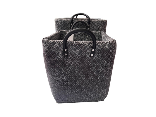 Handwoven Bamboo Storage Basket with Leather Handles, Large Natural Woven Basket for Home Storage, Laundry or Decor Basket