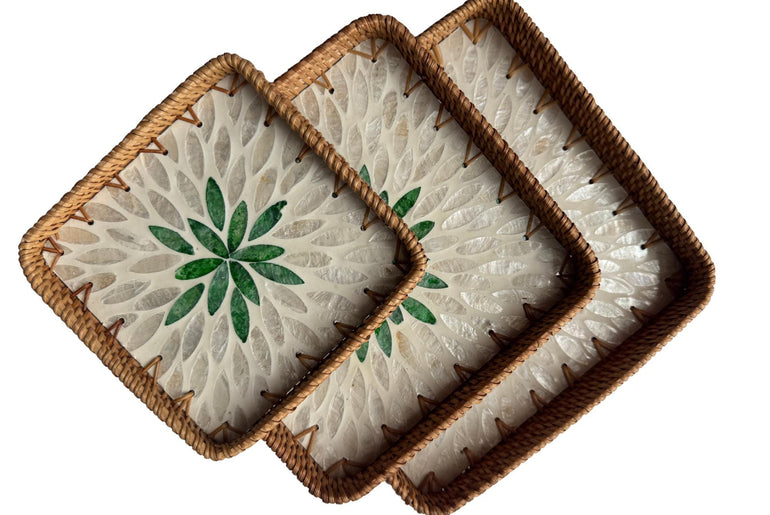 Square Rattan Tray with Mother of Pearl Inlay Base, Handmade Woven Serving Tray, Boho Coastal Coffee Table Decor 127