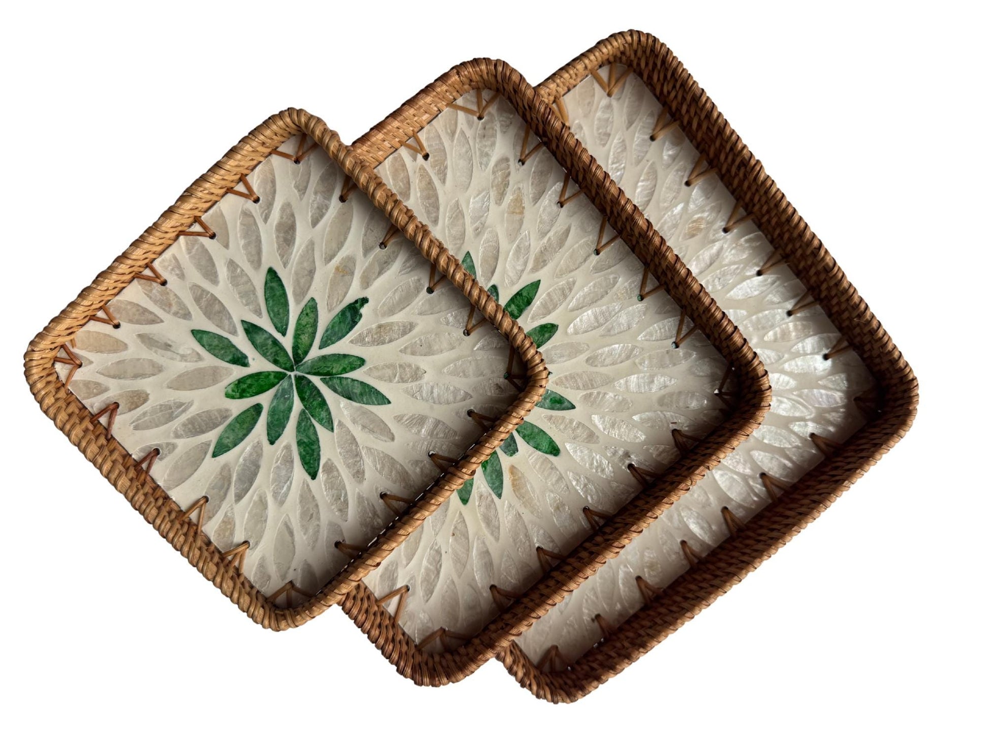 Square Rattan Tray with Mother of Pearl Inlay Base, Handmade Woven Serving Tray, Boho Coastal Coffee Table Decor 127