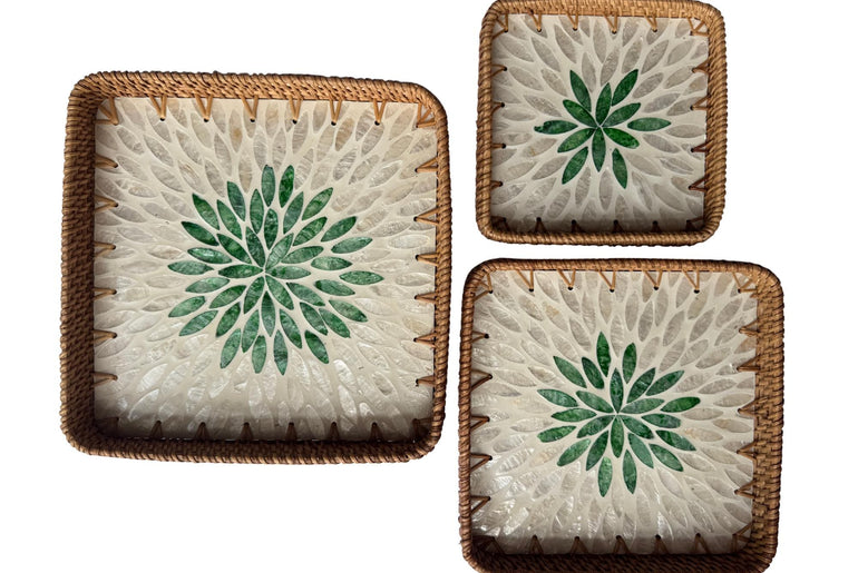 Square Rattan Tray with Mother of Pearl Inlay Base, Handmade Woven Serving Tray, Boho Coastal Coffee Table Decor 127