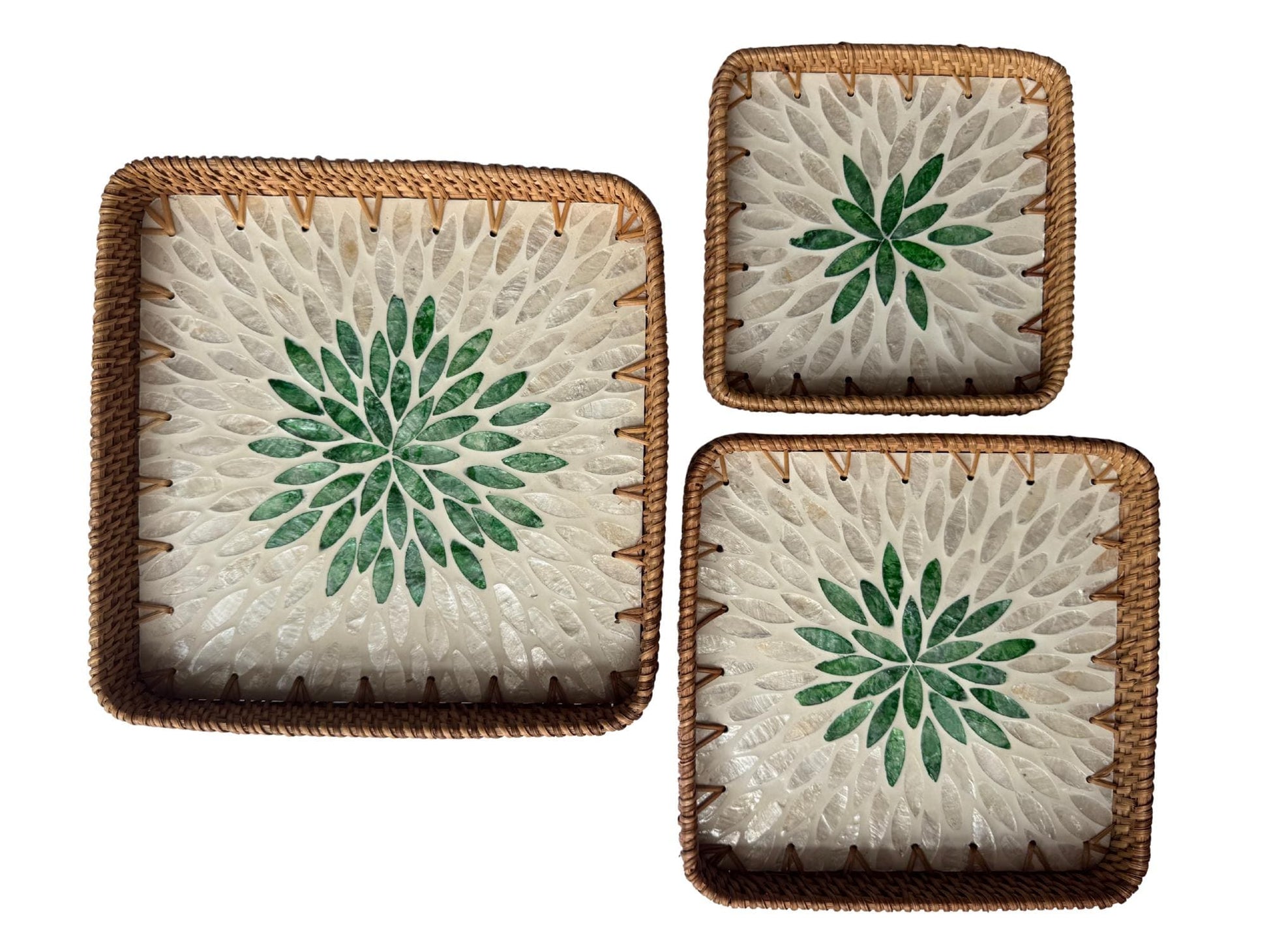 Square Rattan Tray with Mother of Pearl Inlay Base, Handmade Woven Serving Tray, Boho Coastal Coffee Table Decor 127