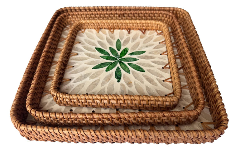 Square Rattan Tray with Mother of Pearl Inlay Base, Handmade Woven Serving Tray, Boho Coastal Coffee Table Decor 127