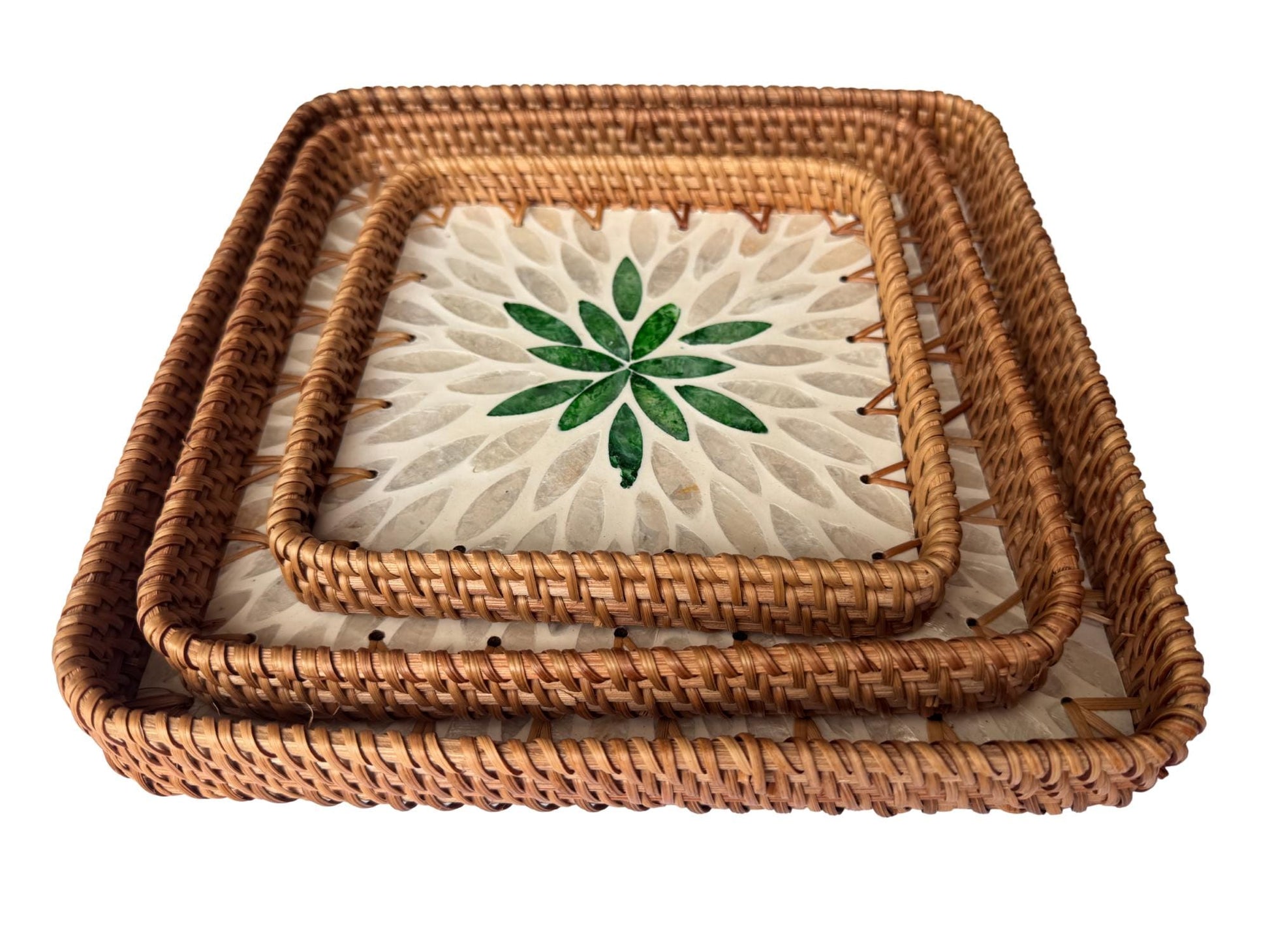 Square Rattan Tray with Mother of Pearl Inlay Base, Handmade Woven Serving Tray, Boho Coastal Coffee Table Decor 127