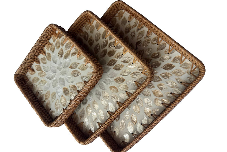 Square Rattan Tray with Mother of Pearl Inlay Base, Handmade Woven Serving Tray, Boho Coastal Coffee Table Decor 124