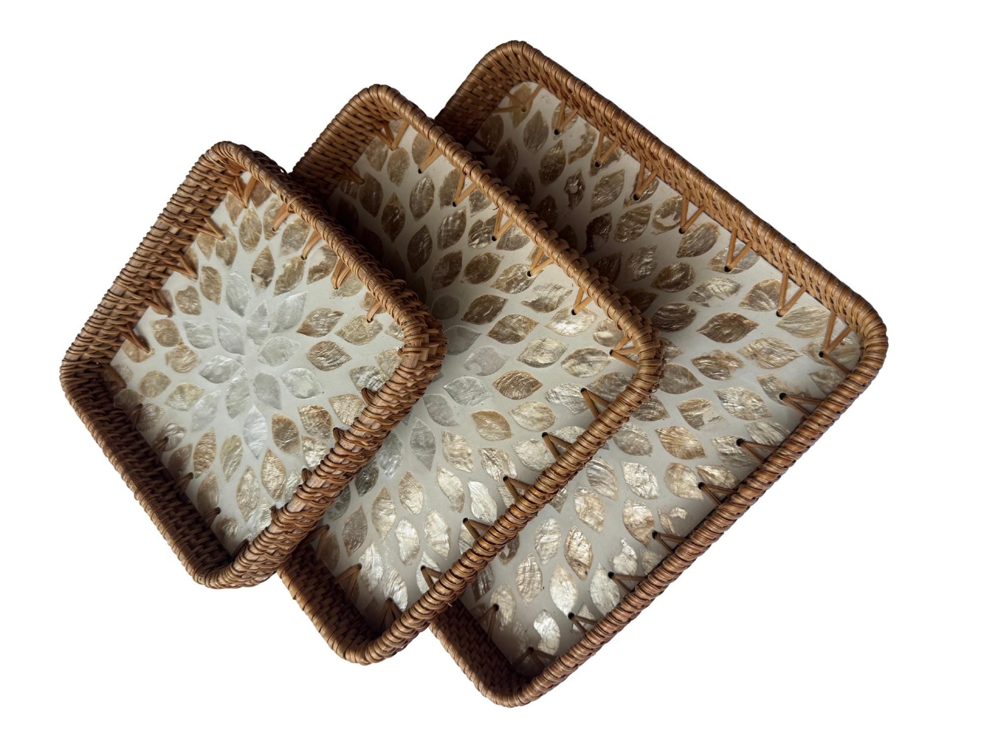 Square Rattan Tray with Mother of Pearl Inlay Base, Handmade Woven Serving Tray, Boho Coastal Coffee Table Decor 124