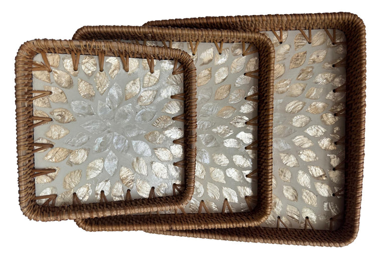 Square Rattan Tray with Mother of Pearl Inlay Base, Handmade Woven Serving Tray, Boho Coastal Coffee Table Decor 124
