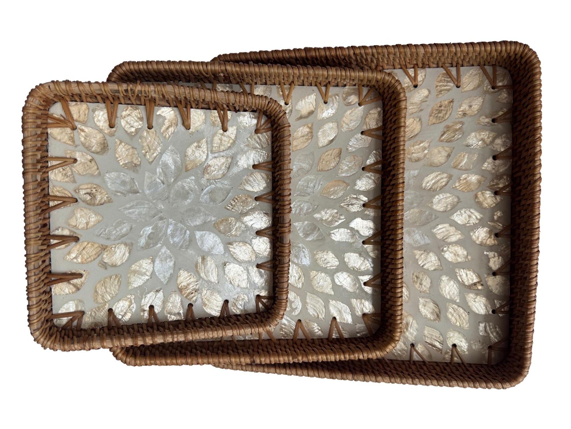 Square Rattan Tray with Mother of Pearl Inlay Base, Handmade Woven Serving Tray, Boho Coastal Coffee Table Decor 124