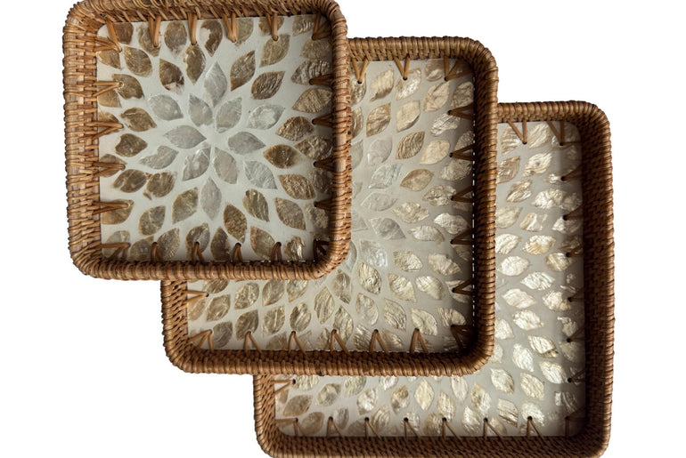 Square Rattan Tray with Mother of Pearl Inlay Base, Handmade Woven Serving Tray, Boho Coastal Coffee Table Decor 124
