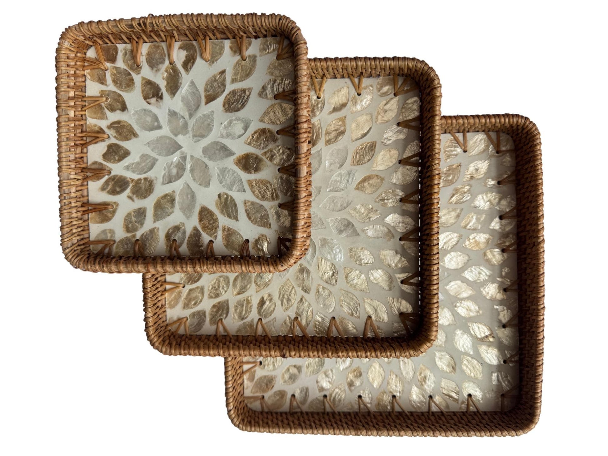 Square Rattan Tray with Mother of Pearl Inlay Base, Handmade Woven Serving Tray, Boho Coastal Coffee Table Decor 124