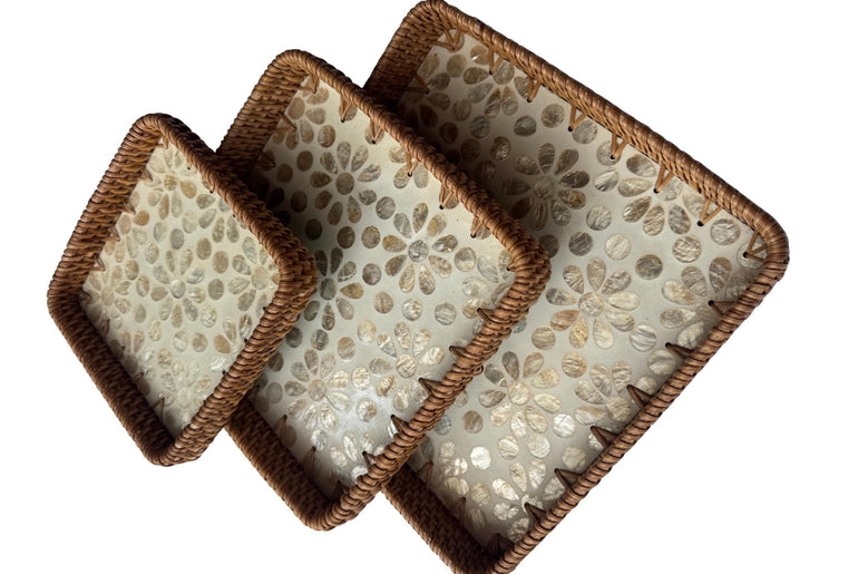 Square Rattan Tray with Mother of Pearl Inlay Base, Handmade Woven Serving Tray, Boho Coastal Coffee Table Decor 150