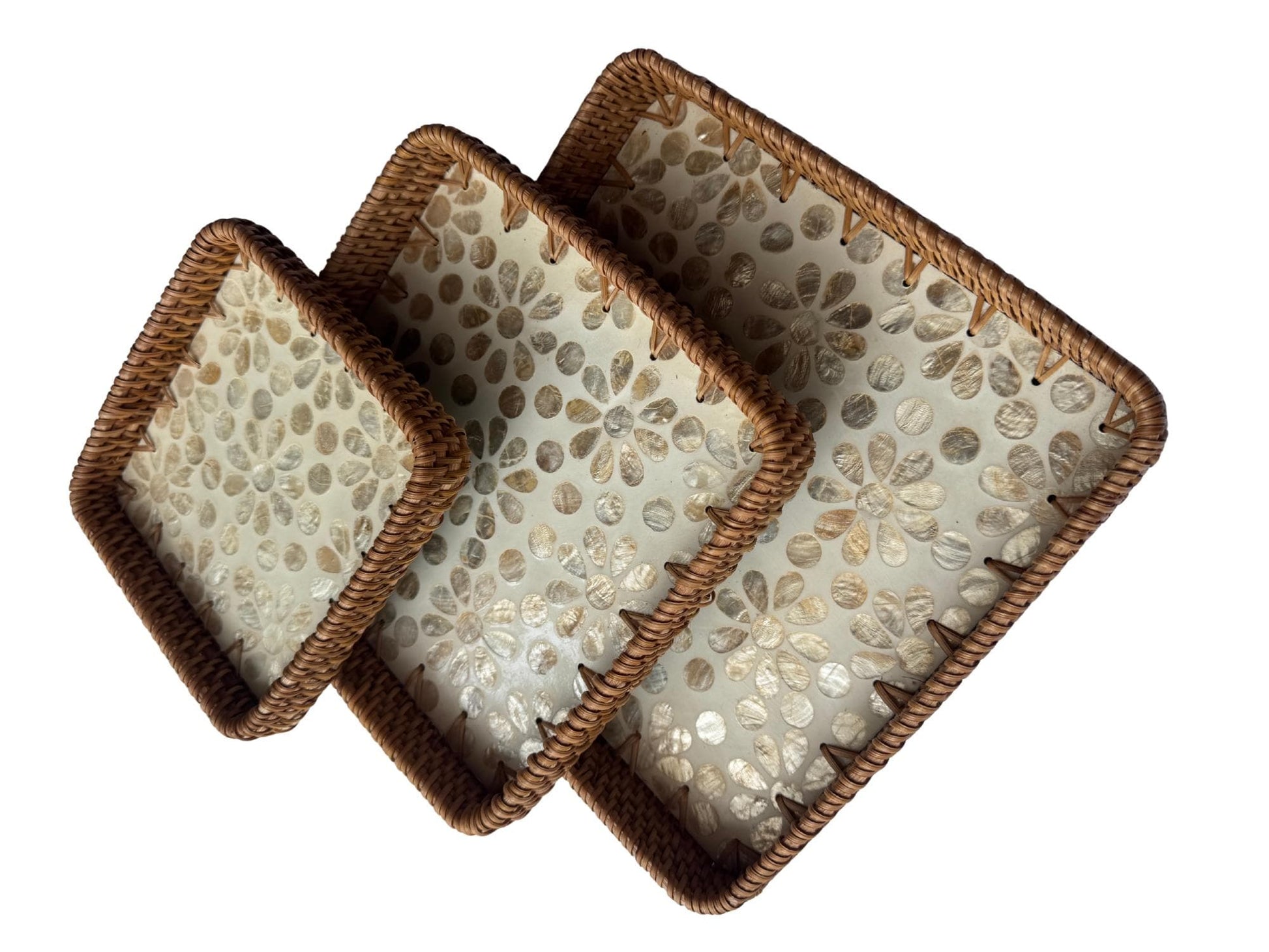 Square Rattan Tray with Mother of Pearl Inlay Base, Handmade Woven Serving Tray, Boho Coastal Coffee Table Decor 150