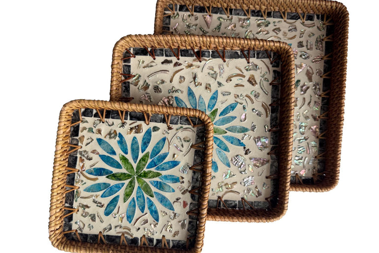 Square Rattan Tray with Mother of Pearl Inlay Base, Handmade Woven Serving Tray, Boho Coastal Coffee Table Decor 106