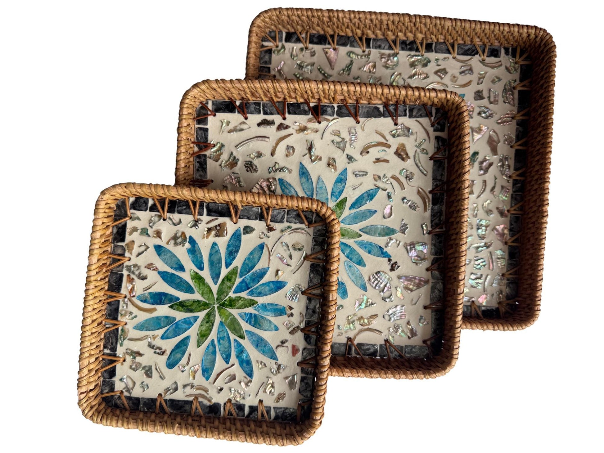 Square Rattan Tray with Mother of Pearl Inlay Base, Handmade Woven Serving Tray, Boho Coastal Coffee Table Decor 106