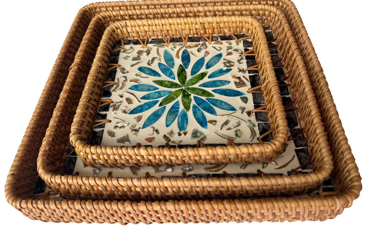 Square Rattan Tray with Mother of Pearl Inlay Base, Handmade Woven Serving Tray, Boho Coastal Coffee Table Decor 106