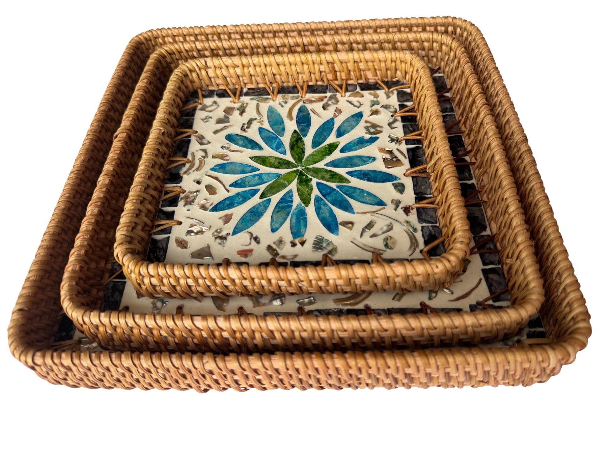 Square Rattan Tray with Mother of Pearl Inlay Base, Handmade Woven Serving Tray, Boho Coastal Coffee Table Decor 106
