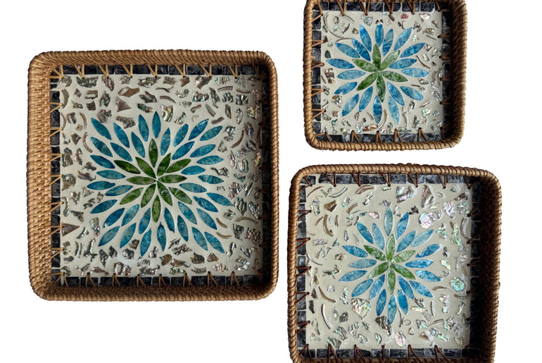 Square Rattan Tray with Mother of Pearl Inlay Base, Handmade Woven Serving Tray, Boho Coastal Coffee Table Decor 106