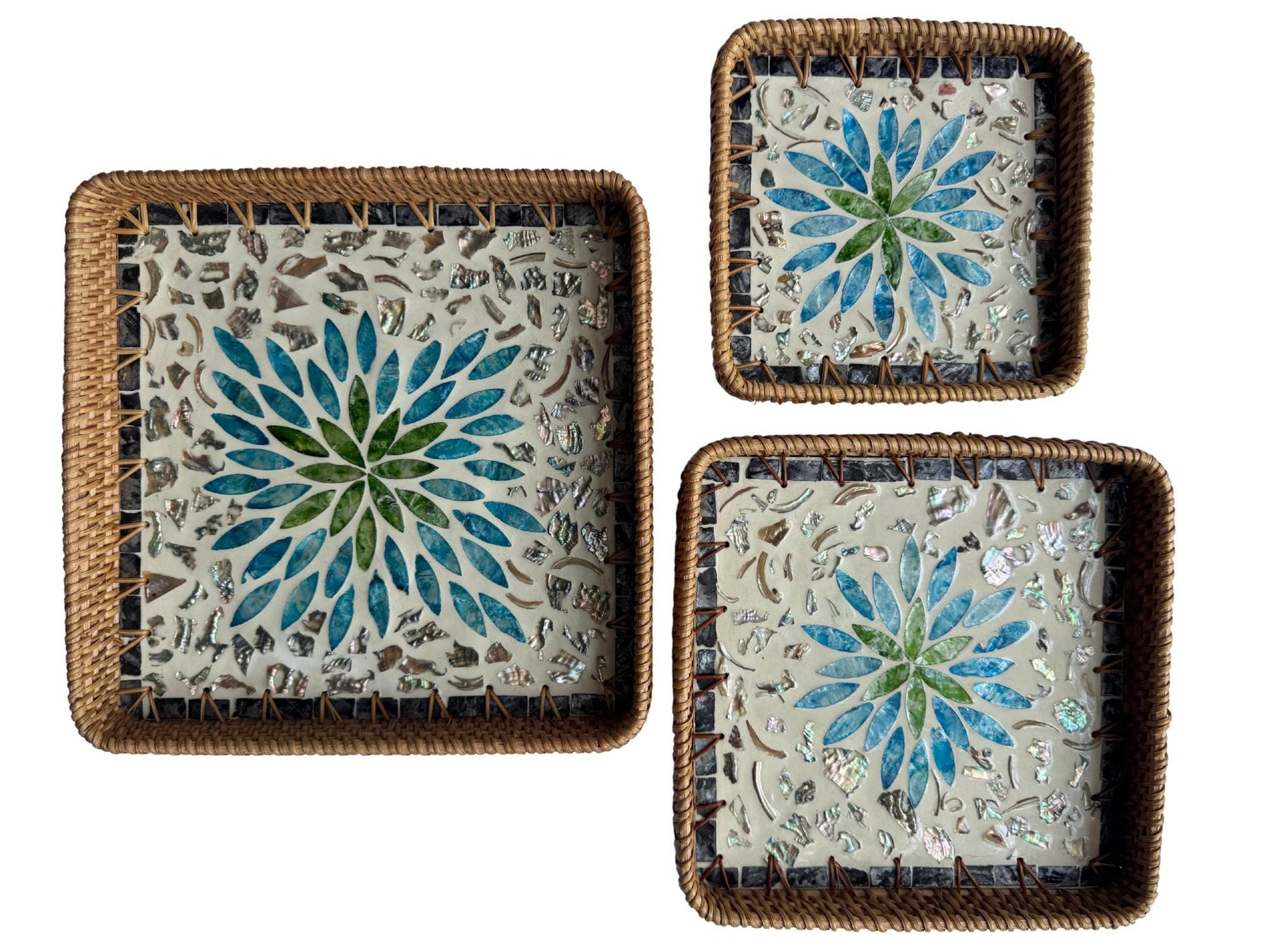 Square Rattan Tray with Mother of Pearl Inlay Base, Handmade Woven Serving Tray, Boho Coastal Coffee Table Decor 106
